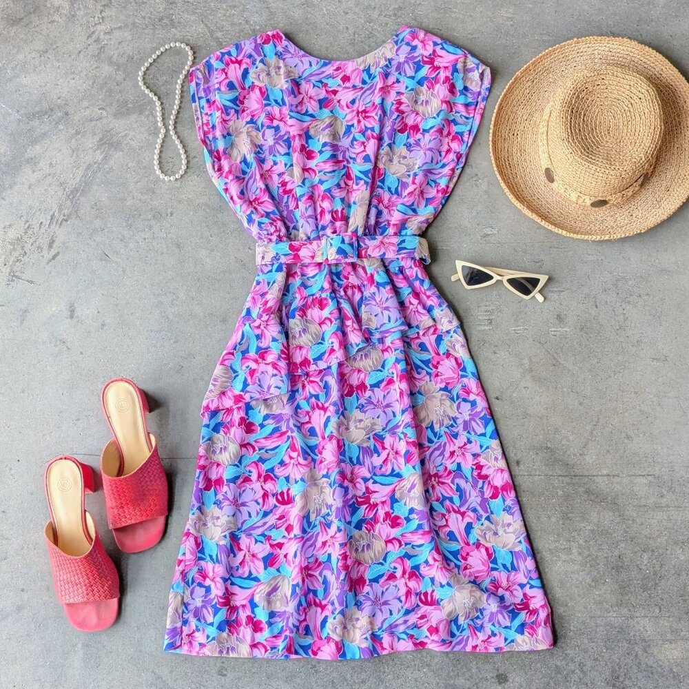 Vintage Cora's Closet Pink Blue Hawaiian Floral Belted Sleeveless Dress